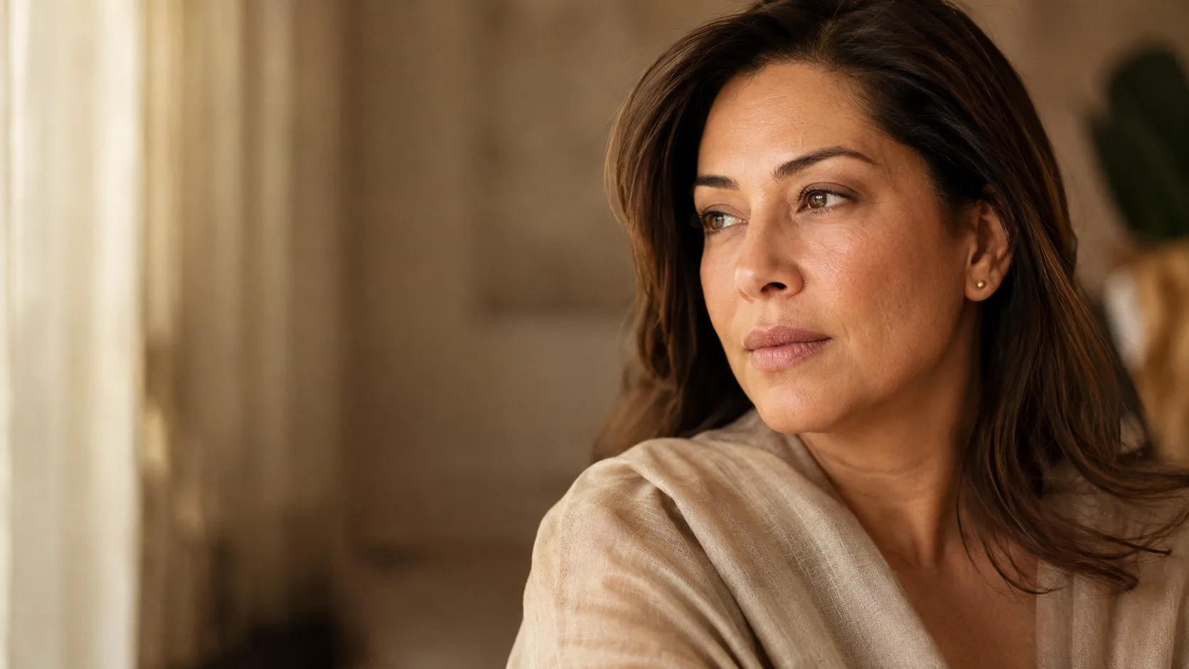 A close portrait of a woman in soft window light, her skin shown with its natural texture and uneven tone