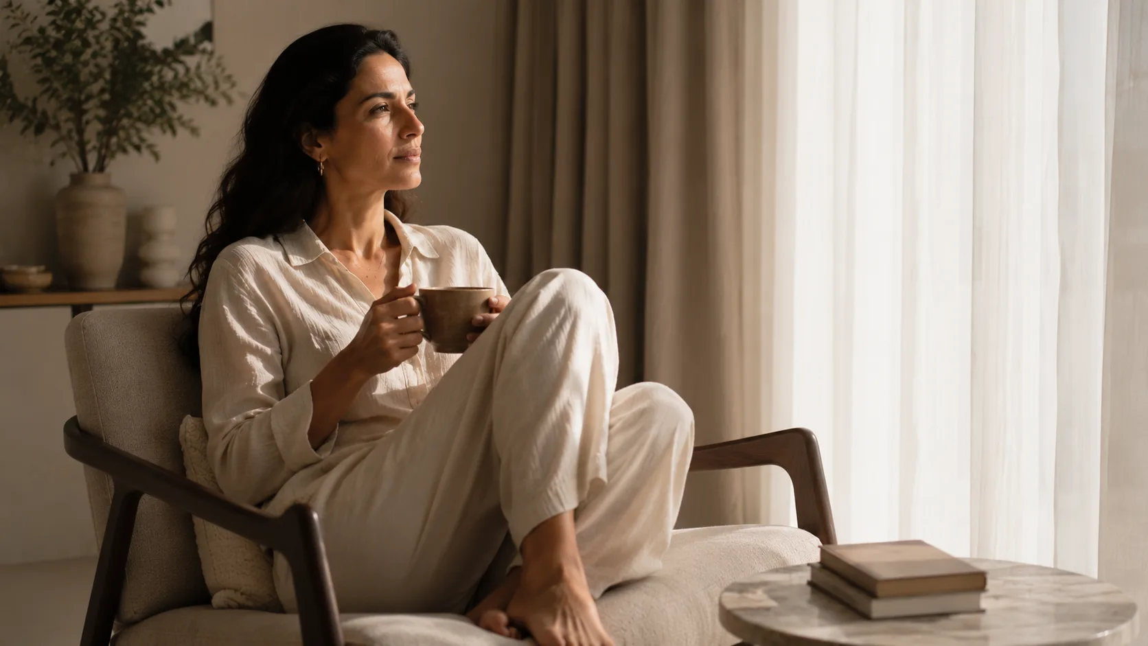 A woman sits with her feet up in a cool, curtained room at home, holding a warm cup, books on the table beside her